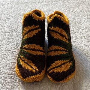 Handmade Cozy Knit Slippers - Brown, Mustard & Green